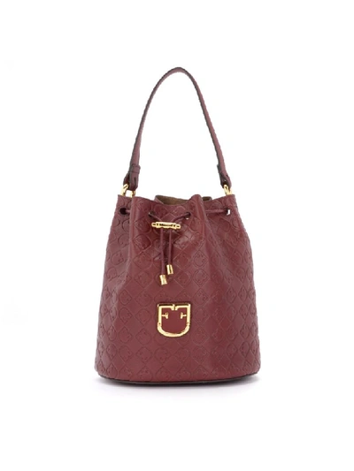 Shop Furla Corona S Bucket Bag In Textured Burgundy Leather In Rosso
