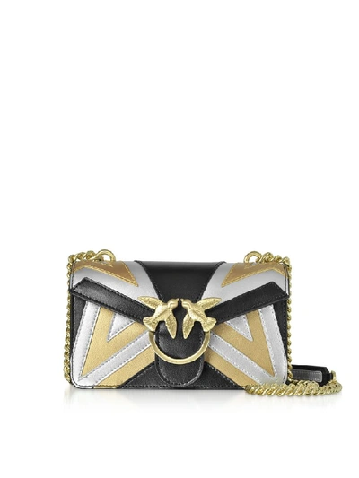 Shop Pinko Mini Love Chevron Intarsio Metallic Leather Shoulder Bag In Black