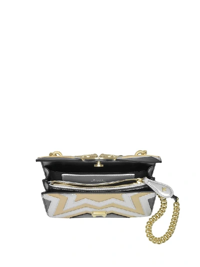 Shop Pinko Mini Love Chevron Intarsio Metallic Leather Shoulder Bag In Black