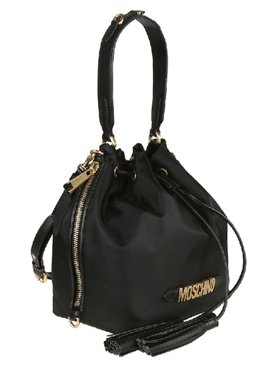 Shop Moschino Logo Plaque Bucket Bag In Black