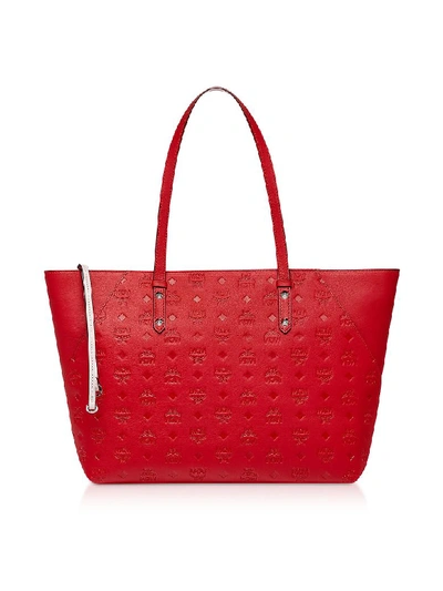 Shop Mcm Klara Monogrammed Leather Charm Top Zip Medium Shopper In Red