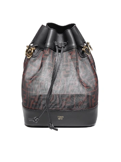 Shop Fendi Mon Tresor Leather And Ff Motif Technical Fabric Bucket Bag In Mar+nr+eban+os