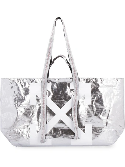 Shop Off-white Metallic Tote Bag In Silver