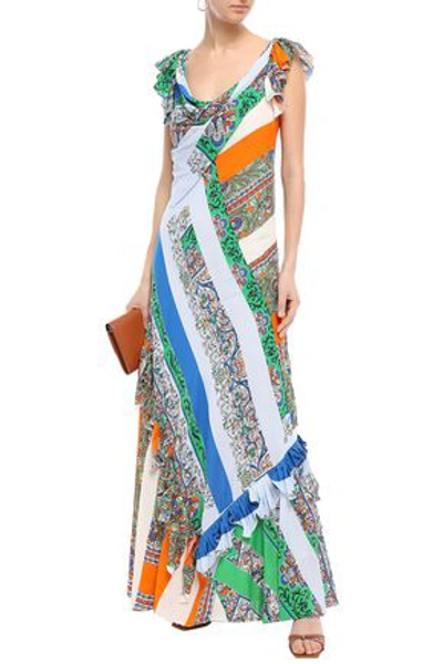 Shop Tory Burch Grand Voyage Ruffled Printed Voile Maxi Dress In Light Blue