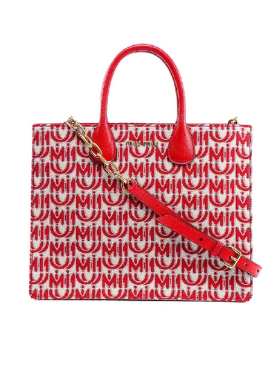 Shop Miu Miu Tote Jacquard Logo In Zfb Corda/rosso