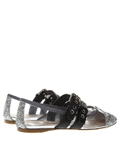 Shop Miu Miu Black & Silver Pvc & Leather Pointy Buckled Slippers In Black/silver