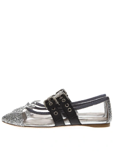 Shop Miu Miu Black & Silver Pvc & Leather Pointy Buckled Slippers In Black/silver
