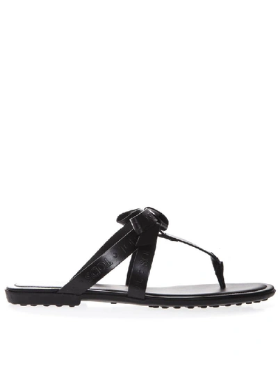 Shop Tod's Black Logo Leather Flip Flop Sandal