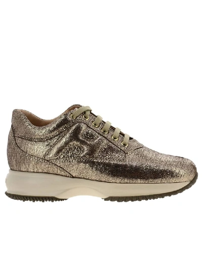 Shop Hogan Sneakers In Laminated Leather With Rounded H In Bronze