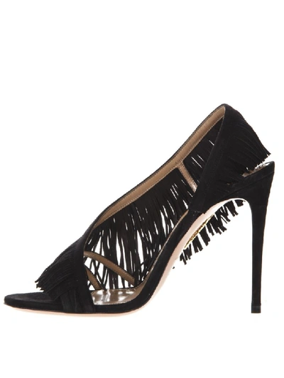 Shop Aquazzura Wild Fringe Black Suede Sandals