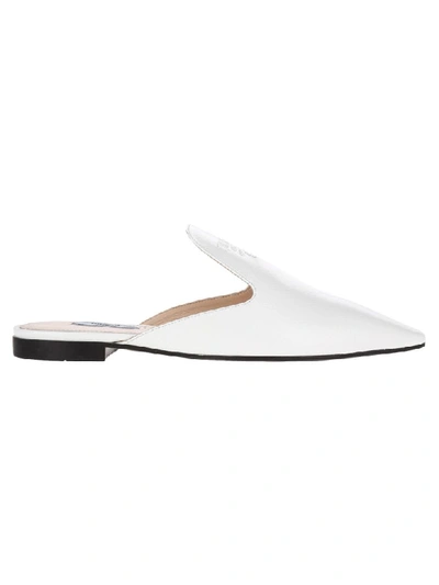 Shop Prada Flat Leather Mules With Logo In Bianco