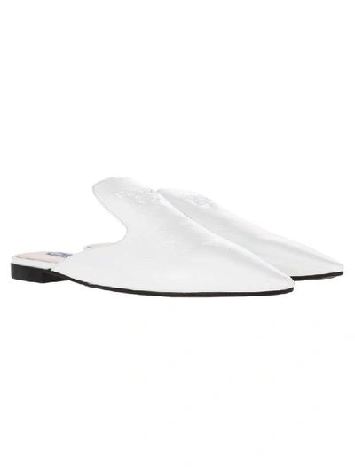 Shop Prada Flat Leather Mules With Logo In Bianco