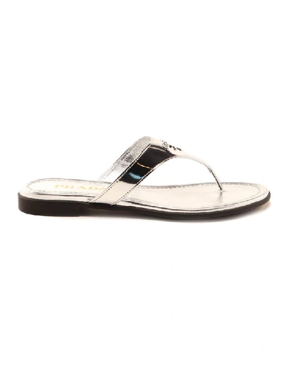 Shop Prada Thong Sandal Metal In Argento