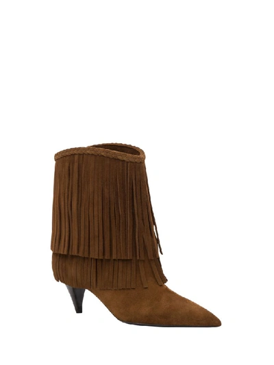 Shop Saint Laurent Charlotte Fringed Booties In Marrone