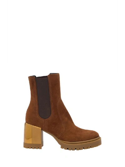 Shop Casadei Suede Ankle Boots With Plated Chunky Heel In Marrone