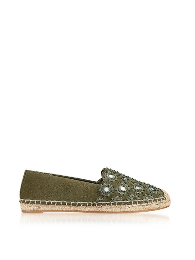 Shop Tory Burch Yasmin Olive Green Suede Embellished Flat Espadrilles