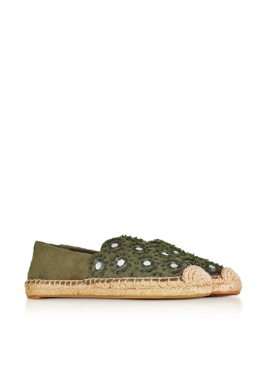 Shop Tory Burch Yasmin Olive Green Suede Embellished Flat Espadrilles