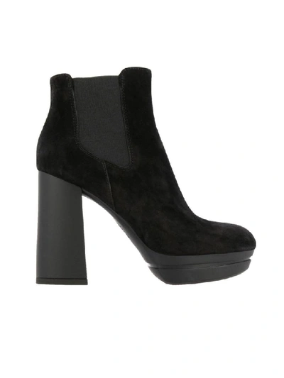 Shop Hogan Ankle Boots In Suede With Elasticated Bands And Wide Heels In Black