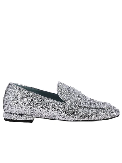 Shop Chiara Ferragni Flirting Glitter Loafers With Eye Embroidery In Silver