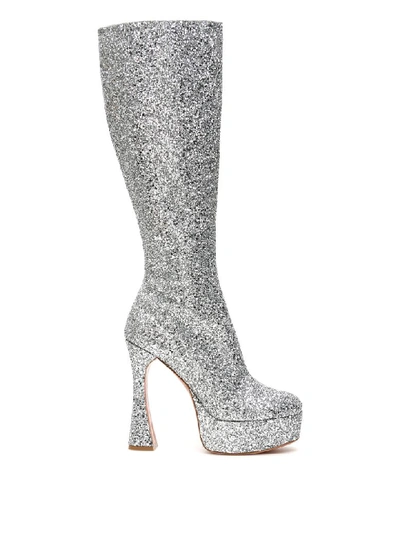 Shop Amina Muaddi Glitter Farah Boots In Silver (silver)