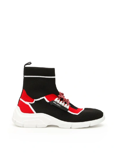 Shop Prada Hi-top Knit Sneakers In Nero Scarlatto (black)