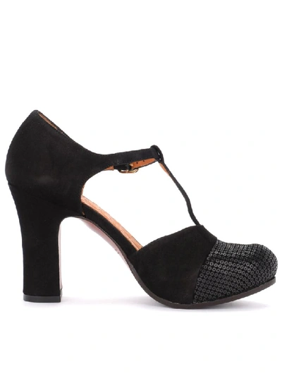 Shop Chie Mihara Heeled Shoe In Black Suede With Micropaillettes Pattern In Nero