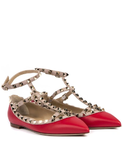 Shop Valentino Red Leather Rockstud Ballerinas In Red/poudre