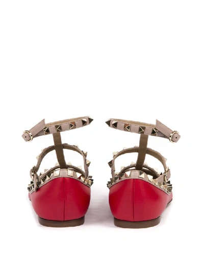 Shop Valentino Red Leather Rockstud Ballerinas In Red/poudre