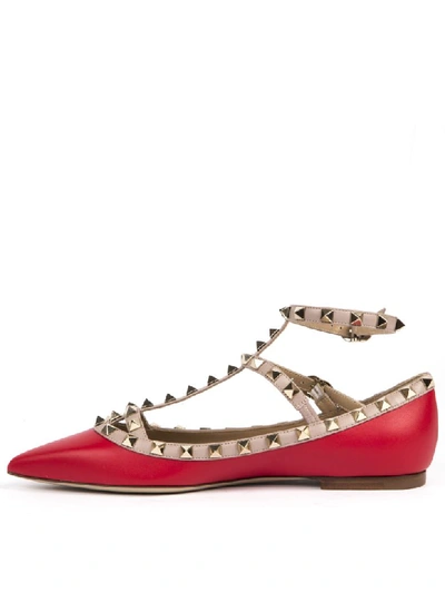 Shop Valentino Red Leather Rockstud Ballerinas In Red/poudre