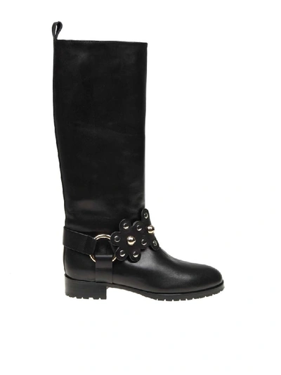 Shop Red Valentino Leather Boot With Flower Detail Puzzle Black Color