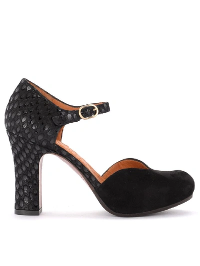 Shop Chie Mihara Heeled Shoe In Black Suede With Feather Effect In Nero
