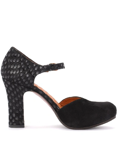 Shop Chie Mihara Heeled Shoe In Black Suede With Feather Effect In Nero