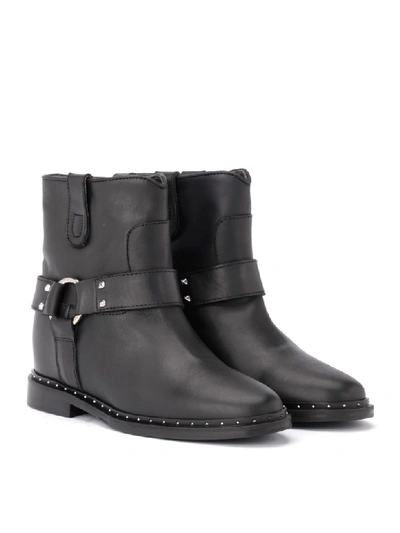 Shop Via Roma 15 Black Leather Ankle Boot With Micro Studs And Strap In Nero