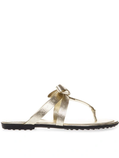 Shop Tod's Laminate Gold Leather Logo Flip Flop Sandal