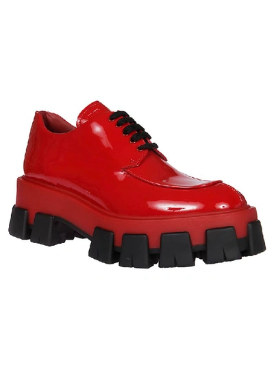 Shop Prada Glossy Platform Lace-up Shoes In Red