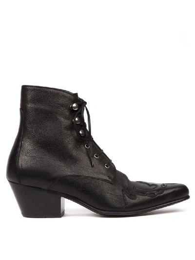 Shop Saint Laurent Black Leather Susan Laced Ankle Boots