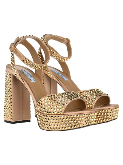 Shop Prada Crystal Embellished Sandals In Gold