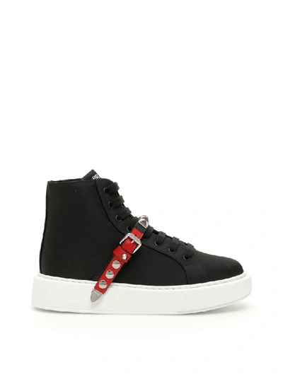 Shop Prada Nylon Sneakers With Studded Strap In Nero Fuoco (black)