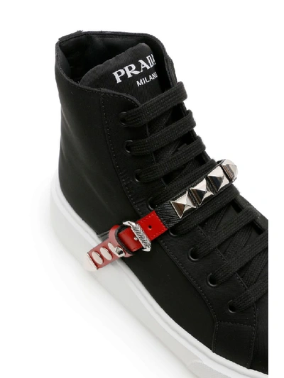 Shop Prada Nylon Sneakers With Studded Strap In Nero Fuoco (black)