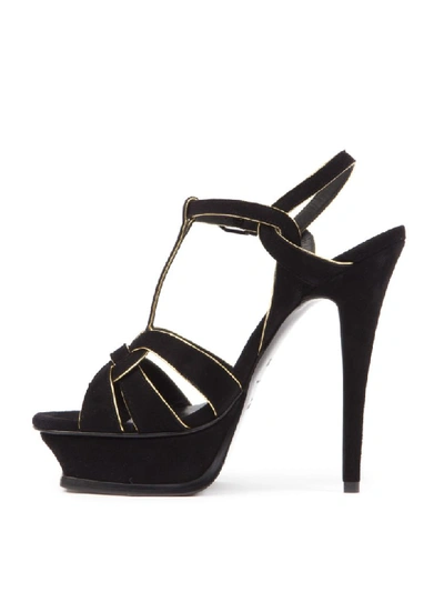 Shop Saint Laurent Tribute Black Suede Sandals With Gold Leather Trim