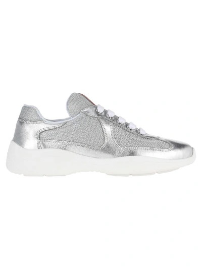 Shop Prada Leather And Fabric Sneakers In Silver