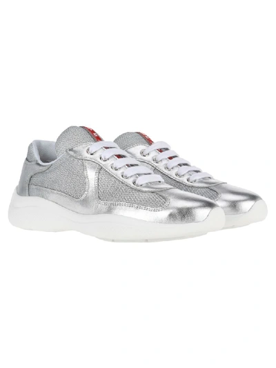 Shop Prada Leather And Fabric Sneakers In Silver