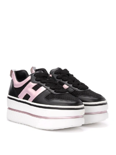 Shop Hogan Maxi H449 Sneaker In Leather And Black Fabric With Pink Profiles In Nero