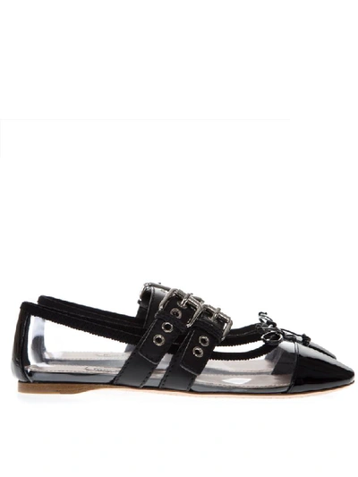 Shop Miu Miu Black Pvc &amp; Leather Pointy Buckled Slippers