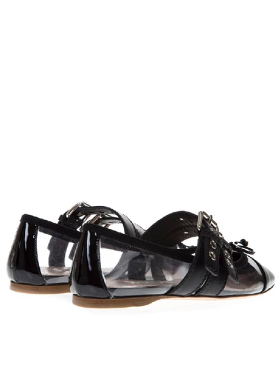 Shop Miu Miu Black Pvc &amp; Leather Pointy Buckled Slippers