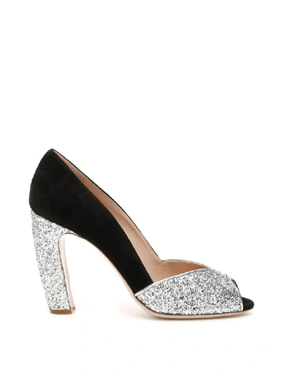 Shop Miu Miu Glitter And Suede Pumps In Argento Nero (black)