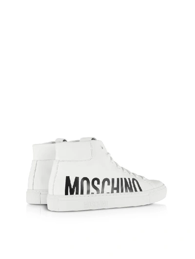 Shop Moschino White Leather Mid-top Sneakers