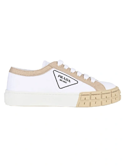 Shop Prada Gabardine Fabric Sneakers In White + Beige