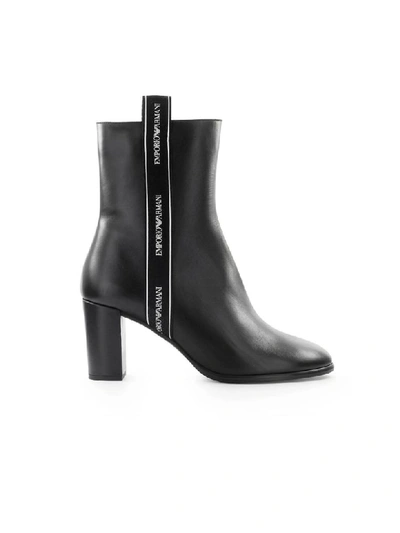 Shop Emporio Armani Ribbon White Logo Black Heleed Bootie In Nero