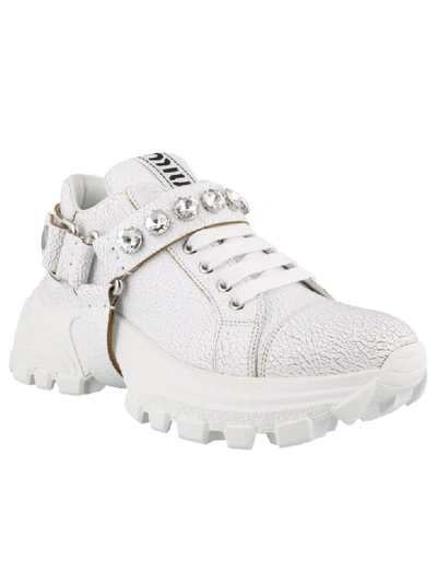 Shop Miu Miu Leather Sneakers With Crystals In White